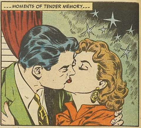 An old comic panel of a man in a suit and a woman in a red shirt sharing a kiss. The caption reads, "Moments of tender memory..."