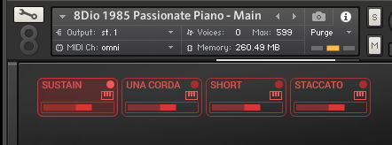 The Kontakt interface of 8Dio's Passionate Piano library. Four articulations are shown: Sustain, Una Corda, Short, and Staccato. Sustain is selected.