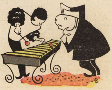 Old magazine cartoon showing a person with puffy sleeves playing a vibraphone while a man in a suit stares down at it like it is a goddamn mystery.