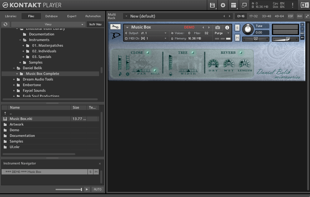 Daniel Belik's Music Box is shown loaded in Kontakt Player 6. In the instrument display, the red word "demo" in all caps appears next to where it says "Music Box."